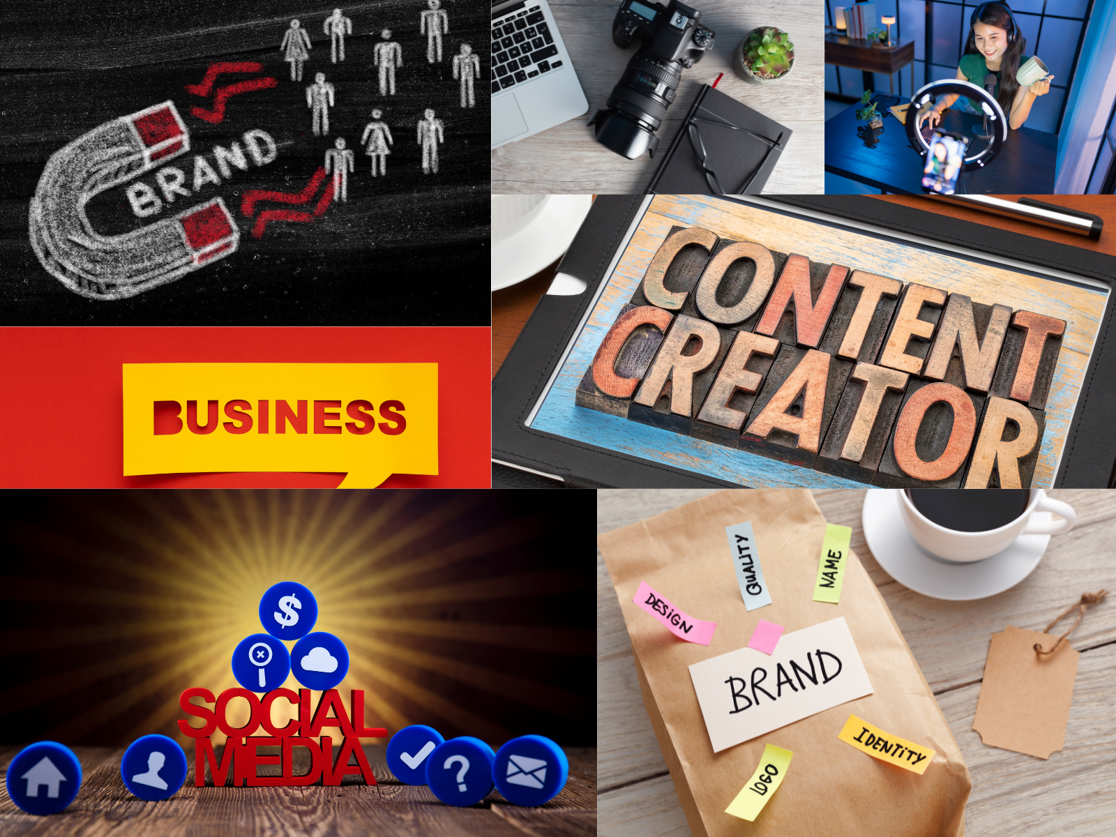 Image collage: brands, creators, social icons